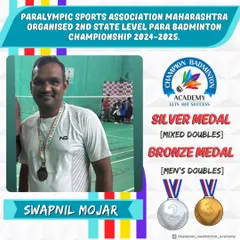 Celebrating our para-athlete Swapnil Mojar's fantastic performance, winning a silver medal in Mixed Doubles and a bronze in Men's Doubles at the state-level para-badminton championship. His dedication is an inspiration to us all.