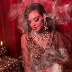 A dramatic and royal-themed look. The smokey effect, combined with the deep-toned outfit and heavy jewelry, creates a powerful and mysterious vibe.