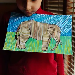This line art elephant deserves its own post. The hard work and focus needed for a 6-year-old was punishing, but he completed it like a pro! I am a proud teacher today.