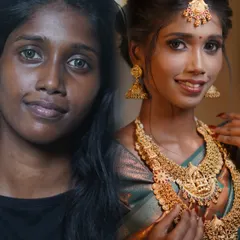 A breathtaking South Indian bridal transformation. I focused on creating a luminous glow on her dusky skin, paired with classic gold jewelry and defined eyes for a timeless and elegant look.