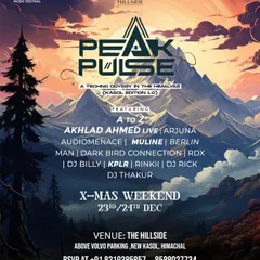 The flyer for Peak Pulse, a Christmas techno carnival in Kasol. We create a techno odyssey in the Himalayas with top-notch DJs and non-stop beats.