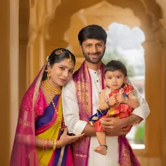 A beautiful family portrait in our traditional Krishna-themed setup. We encourage parents and siblings to join in, creating memories that celebrate your family's culture and love.