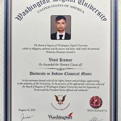The official Honorary Doctorate certificate awarded to our founder, Vinit Kumar, for his contributions to Indian Classical Music. This award from Washington Digital University is an honor we proudly share with our entire community.