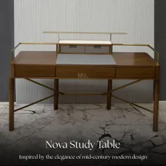 Inspired by mid-century modern design, the Nova study table is crafted from rich, walnut-toned wood with sleek brass accents. The tabletop features a soft gray leather inlay and understated storage drawers for a stylish workspace.