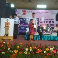 Here is my student Shivani on stage after securing the third prize in the Under-9 category at the 4th Kudremukha Trophy, an All India Open FIDE Rated Rapid Chess Tournament in Mangaluru.
