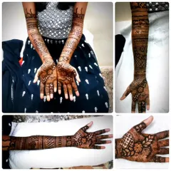 This collage shows how a detailed design looks on a client. From the full view of both arms to close-ups of the palm, you can see the consistency and intricacy of the patterns.