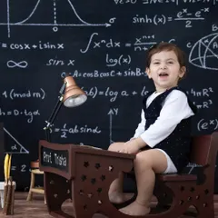Meet Professor Trisha. Our 'little professor' theme is a fun and quirky way to capture your child's curious personality, complete with a chalkboard of equations and a tiny desk.