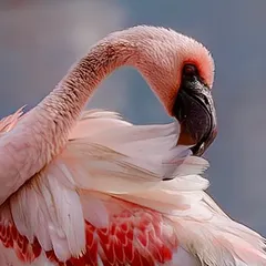 A close-up portrait of a lesser flamingo preening allows us to appreciate the intricate details. The soft light highlights the texture of its feathers, from the soft pinks to the vibrant crimson, creating an intimate and graceful composition.
