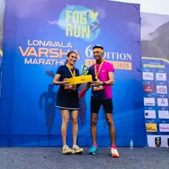 Our winners on the podium at the Lonavla Varsha Run. Paragi Seth and Kapil Arora finished on top in their categories after taking on the rain and hills.