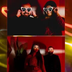 A collage of a couple's after-party photos, featuring fun poses with quirky sunglasses and dramatic red lighting effects.