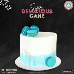 A simple yet elegant design that's one of my bestsellers. This cake features a beautiful blue watercolor effect on smooth white frosting, topped with matching blue macarons. It’s a versatile design that works wonderfully for birthdays, baby showers, or corporate events.