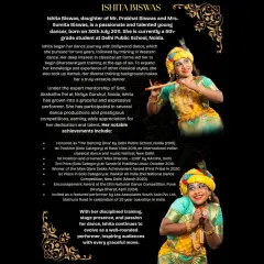 This is the official invitation for my student Ishita Biswas's Arangetram. It details her incredible journey, from starting dance at age six to winning numerous awards. It is a testament to her growth into a graceful and expressive performer under the mentorship of Nritya Gurukul.