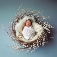 I love designing unique, artistic setups. Here, a delicate nest of pussy willow branches and a soft pearl headband create an ethereal and peaceful portrait, highlighting the baby's serene beauty.