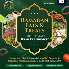 Our "Eats & Treats" event is the ultimate Iftar experience. This graphic highlights our offerings, from juicy kebabs and signature fish to a wide array of desserts, all made fresh every night.