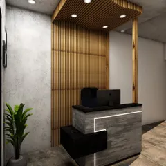 This modern reception area combines raw concrete textures with refined wood paneling and integrated LED light strips. The design is bold, contemporary, and sets a professional tone right from the entrance.