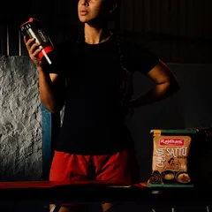 A shot from my TV commercial shoot. Fueling up with a protein shake and Rajdhani Sattu, because what you put in your body matters.