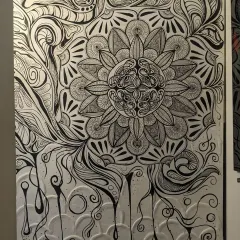 Here is the complete view of a mandala mural I created, combining a textured white base with intricate black doodle work. This piece was designed to transform a simple wall into a focal point of calm and detailed beauty, with every line and pattern painted by hand.