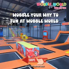 An invitation to explore our play area. This graphic points you toward the fun, starting with our massive trampoline park.