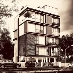 A conceptual visualization for a multi-level residence in HSR, Bangalore. The design explores a layered facade with varied materials and setbacks, creating visual interest and functional outdoor spaces like balconies and a rooftop terrace.