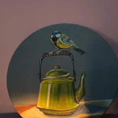I find magic in everyday objects, like this classic green teapot. Adding a little bird perched on the handle gives this still life painting a touch of whimsy and storytelling on a round canvas.