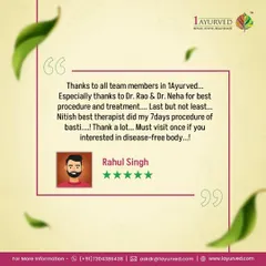 We are grateful for the trust our patients place in us. This feedback highlights the effectiveness of a 7-day Basti procedure, a critical Panchakarma therapy for cleansing the colon and eliminating deep-rooted 'Ama' or toxins. Real results for a disease-free body are our ultimate goal.