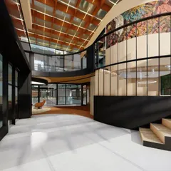 A concept render for a new business center in Bengaluru. The design features sweeping curves, a grand staircase, and a large-scale mural to create a dynamic and inspiring workspace.