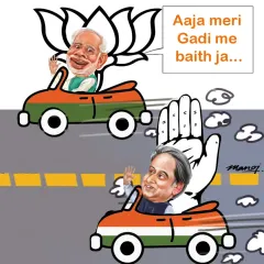 A political cartoon featuring Shashi Tharoor and Narendra Modi, reflecting on party lines.
