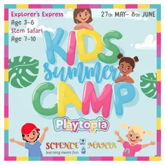 Our Kids Summer Camp is the perfect way to beat the holiday boredom. This graphic shows our two distinct programs, the Explorer's Express for ages 3-6 and the STEM Safari for ages 7-10, blending learning with non-stop fun.