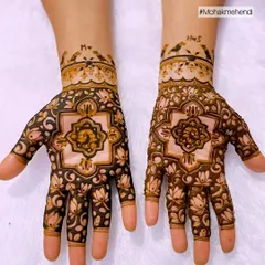 A beautiful wrist-length design that is both modern and traditional. It features a central geometric motif with negative space, surrounded by a sea of lotuses, and includes personalized lovebirds.
