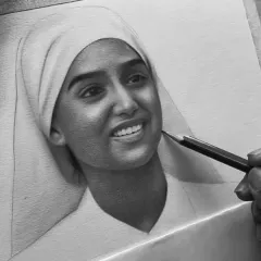A close-up of the shading process for the nun's portrait.