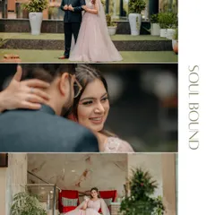 A collage titled 'Soul Bound,' showcasing tender moments between Gaurav and Mansi. From loving glances to elegant poses, it tells a complete story of their Roka ceremony.