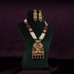 A direct, clear shot of the temple jewellery set on a bust, perfect for catalog listings where detail and accuracy are paramount.