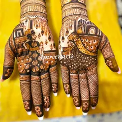 Intricate bridal mehandi featuring detailed figures of a bride and groom. This is a classic example of storytelling through henna art for a wedding.