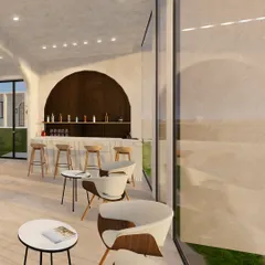 The Hydro Bar offers a space for relaxation and rehydration post-workout. I designed it with an arched wood-paneled backdrop and large windows overlooking a lush green space, creating a seamless connection between the interior and the natural environment.