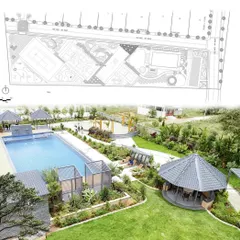 This composite image shows the transition from a 2D technical plan to a 3D visualization of the Serene Exotica clubhouse area, illustrating how we translate drawings into a tangible vision.