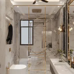 We designed and executed this stunning washroom with a neoclassical vibe. It features elegant wall mouldings and a mix of black and white marble, with gold accents in the shower partition and fixtures.
