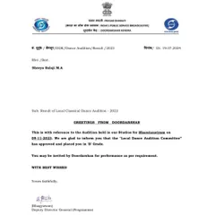 I was so happy to receive this letter recognizing me as a graded artist by Doordarshan, Bengaluru. I am deeply grateful to my gurus and family for their constant encouragement on this journey.