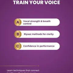 This graphic outlines the different techniques you will learn to train your voice. We cover vocal strength, 'riyaaz' methods for clarity, and building confidence for performance, connecting tradition with today's music.