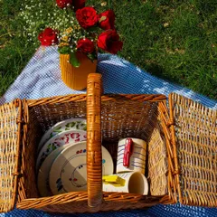 A classic picnic basket filled with colorful, artisanal plates and mugs, set on a gingham blanket. This image evokes a sense of nostalgia and outdoor fun.
