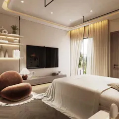A series of renders for a dreamy, romantic bedroom. We visualized a four-poster bed draped in sheer fabric and fairy lights, creating a soft, ethereal, and inviting atmosphere from multiple angles.