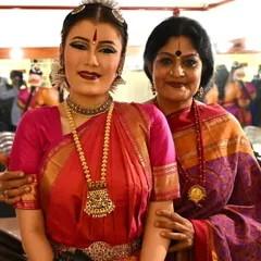 A cherished moment backstage with my student Stuti Mukherjee just before her arangetram. It is a moment of blessing and encouragement, marking the culmination of our shared journey in the guru-shishya parampara.