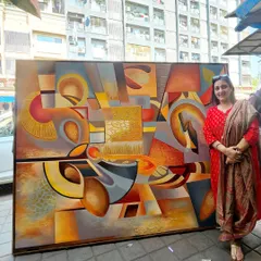 A piece of art should feel as grand as the story it tells. Here I am with "The Sounds of Music," a large 5.5 by 7 feet commissioned canvas. Creating large-scale abstract art like this allows me to translate complex emotions and ideas into a visual symphony that can define an entire space.
