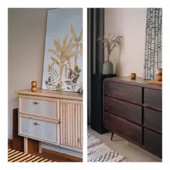 A tale of two sideboards. On the left, a dreamy pastel blue piece with cane and fluted details. On the right, a classic chest of drawers in solid dark wood. Both are custom pieces that showcase different material treatments and design aesthetics.