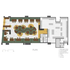 **Eat Punjab, Gandhinagar:** The floor plan for the Gandhinagar branch illustrates how we used a central, serpentine seating arrangement to guide flow and create dynamic spaces. This layout offers a mix of seating types to cater to different group sizes and dining experiences.