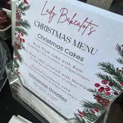 A little look at my Christmas menu from a recent holiday bazaar. I offer my rich plum cake with or without marzipan, along with other goodies like marzipan sweets and Christmas tree brownies.