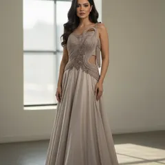 A second look at the beige gown, highlighting its graceful silhouette. It’s proof that elegance doesn’t have to come with a lifetime commitment.