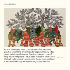 An informational post about our Gond art courses, featuring a classic painting of elephants under the Tree of Life. We are one of the few schools in Bangalore offering authentic instruction in this 1400-year-old tribal art form.
