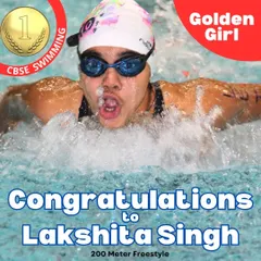 An action shot of our golden girl, Lakshita Singh, powering through the 200m Freestyle to win gold at the CBSE Swimming Competition.