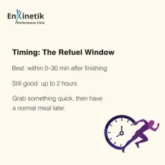 The "refuel window" is most effective within 30 minutes after finishing your run. I advise having a quick snack then, followed by a normal meal within two hours.