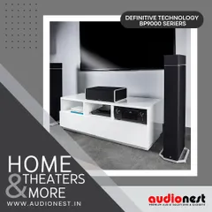The Definitive Technology BP9000 series offers a clean, modern aesthetic with powerful performance. The tower speakers have built-in powered subwoofers, delivering full-range sound without needing a separate sub, perfect for a minimalist living room.